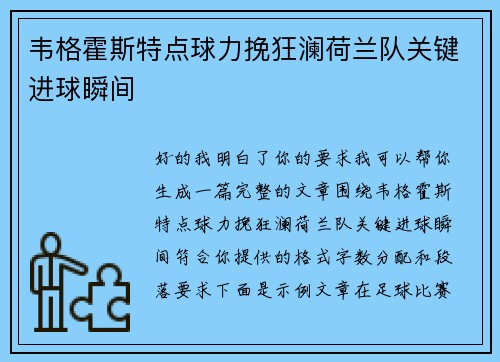 韦格霍斯特点球力挽狂澜荷兰队关键进球瞬间 韦格霍斯特点球力挽狂澜荷兰队关键进球瞬间